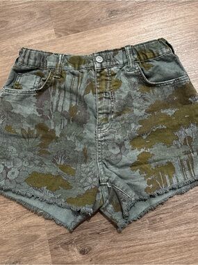 Anthropologie High-Rise Olive Green Floral Print Jean Shorts